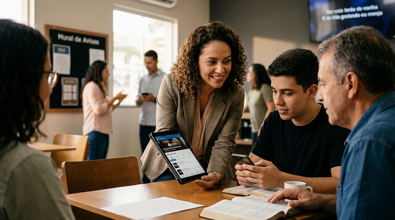 Conectando o Evangelho em Múltiplos Canais Ilustração de como igrejas e ministérios utilizam múltiplos canais para conectar e ampliar o evangelho, fortalecendo a comunidade e a palavra de avivamento na bíblia.