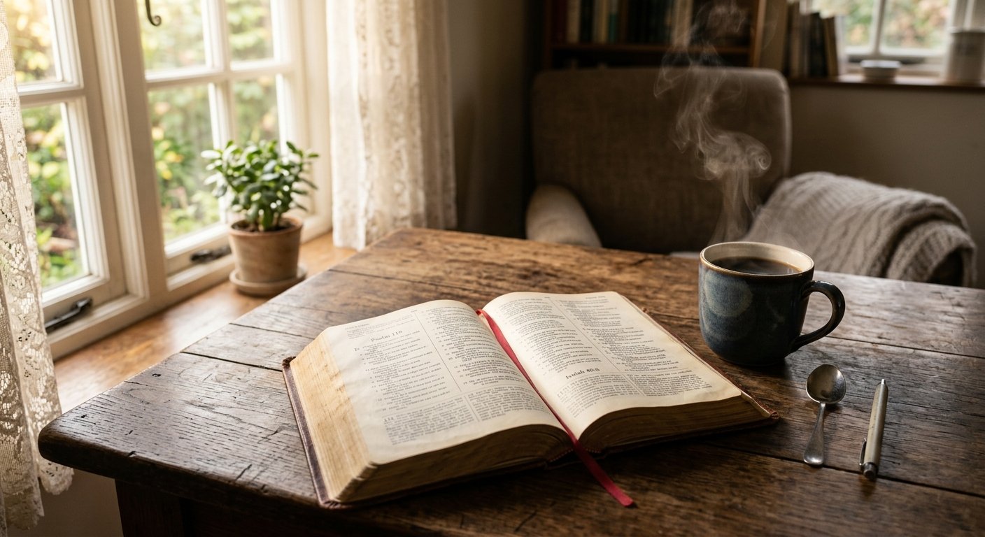 An open Bible resting on a rustic wooden table next to a steaming warm cup of coffee, soft morning sunlight coming through a nearby window, cosy aesthetic, peaceful morning study atmosphere, cinematic focus, high resolution photography.