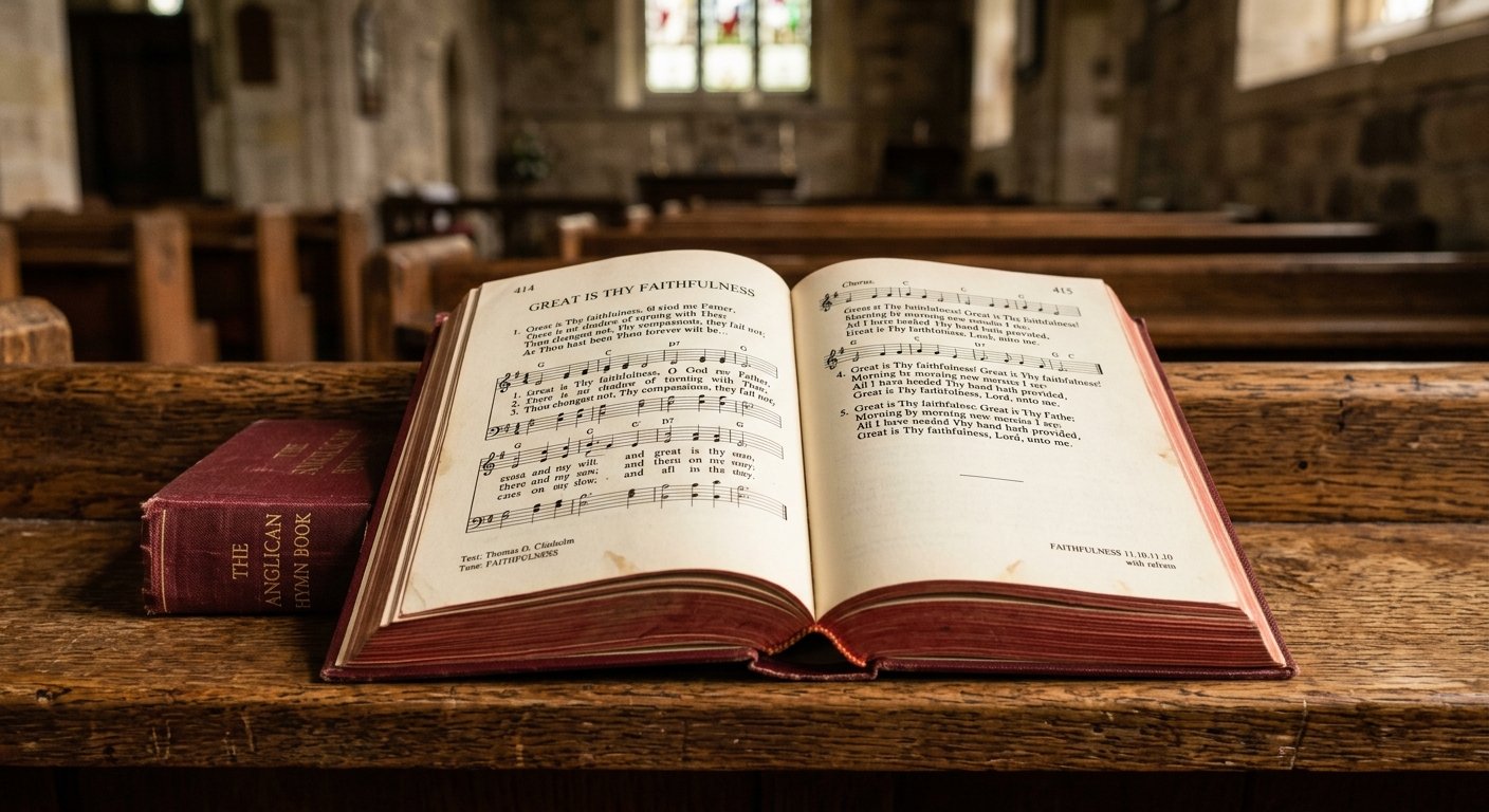 $title$ $focuskw$ An open traditional hymnal resting on a wooden church pew, close-up photograph showing text details, soft ambient lighting inside a quiet chapel, warm and tranquil mood, fine textures.
