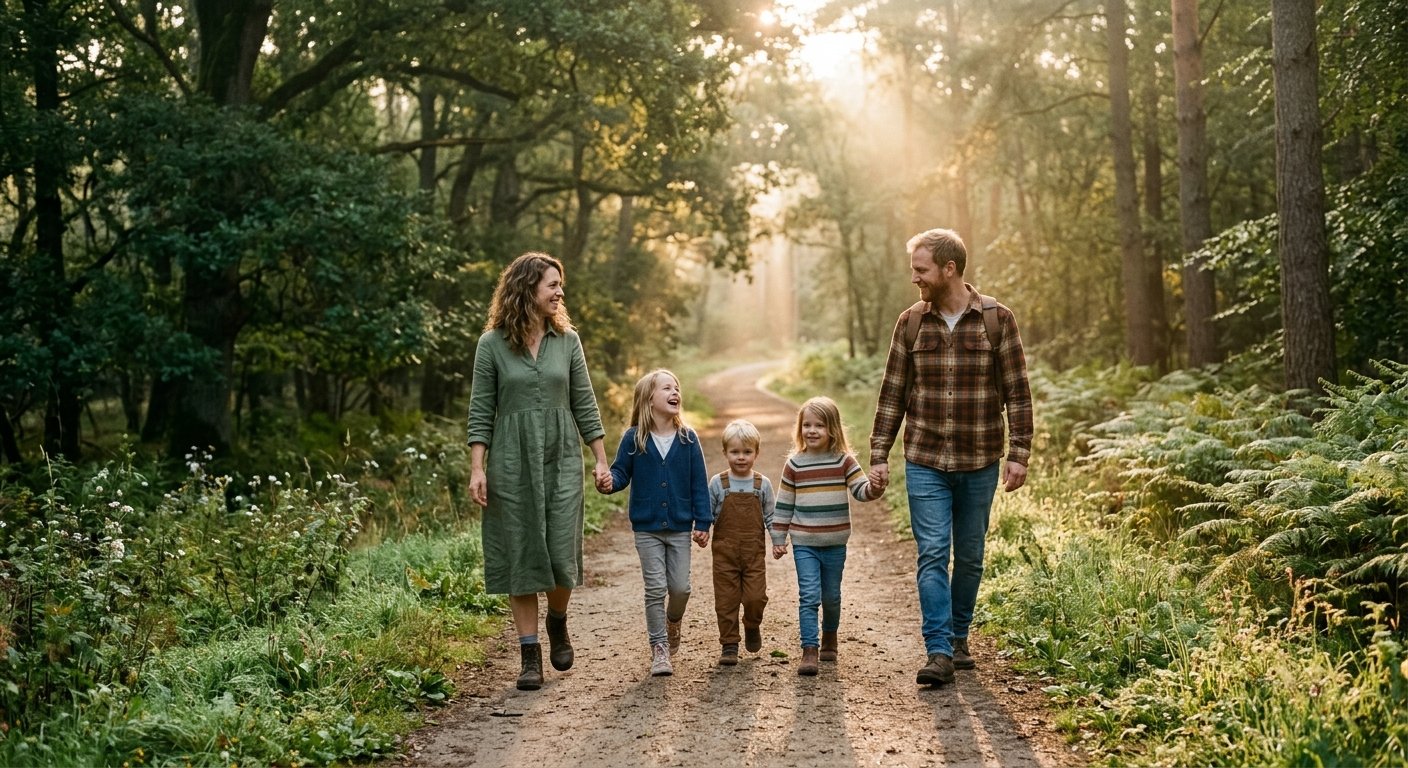 $title$ $focuskw$ A serene cinematic photograph of a mother and father walking hand in hand with their children on a quiet outdoor nature path at sunrise. Warm atmospheric lighting filtering through green trees, authentic candid family unity, shallow depth of field, realistic textures.