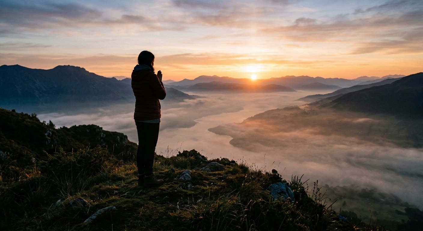 Silhueta de pessoa em oração ao amanhecer, observando o nascer do sol sobre um vale enevoado. Representa um momento de paz, esperança e renovação espiritual, buscando avivamento e inspiração para o dia.