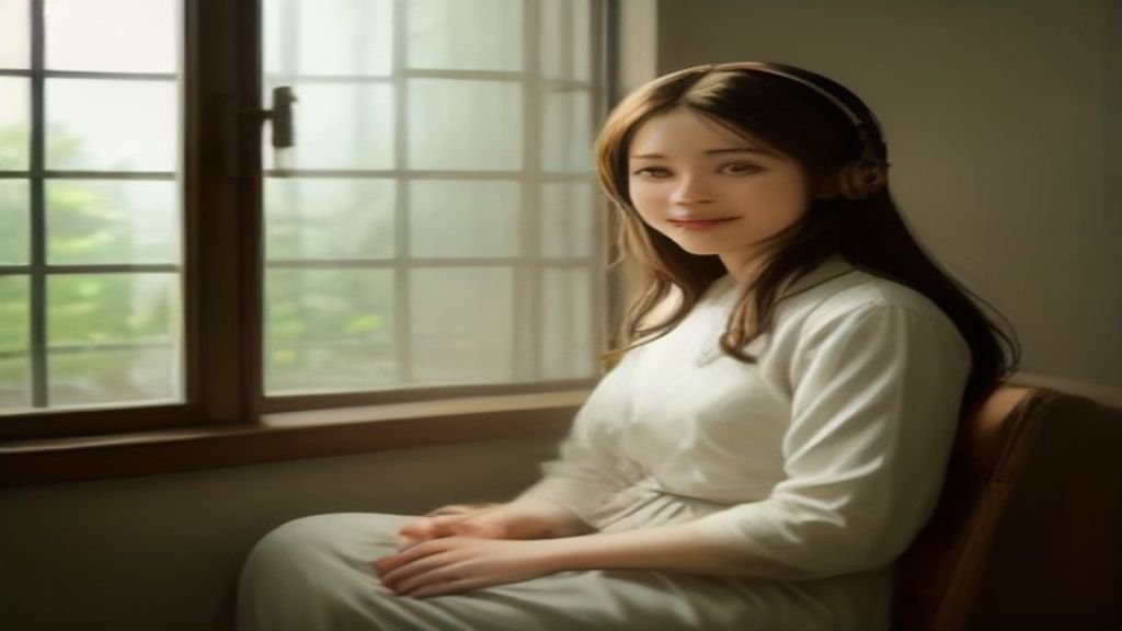 Mulher calma ouvindo música gospel para restaurar suas forças e aliviar o cansaço.