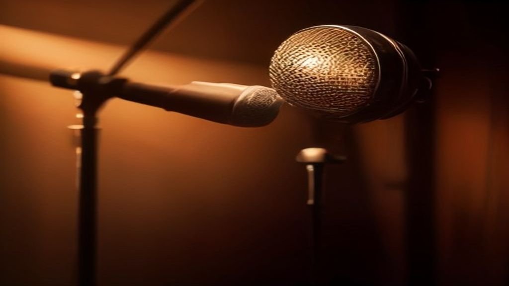 Violão acústico no palco iluminado, simbolizando os bastidores do louvor e adoração sincera.