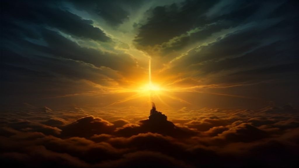 Notas musicais douradas dissipando nuvens escuras, ilustrando a batalha espiritual no louvor e paz mental.