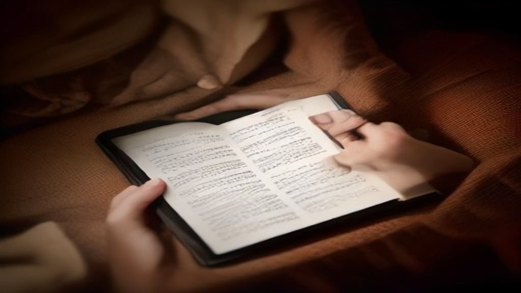 Mãos posicionadas em oração diante de um tablet mostrando projetos missionários de tradução.