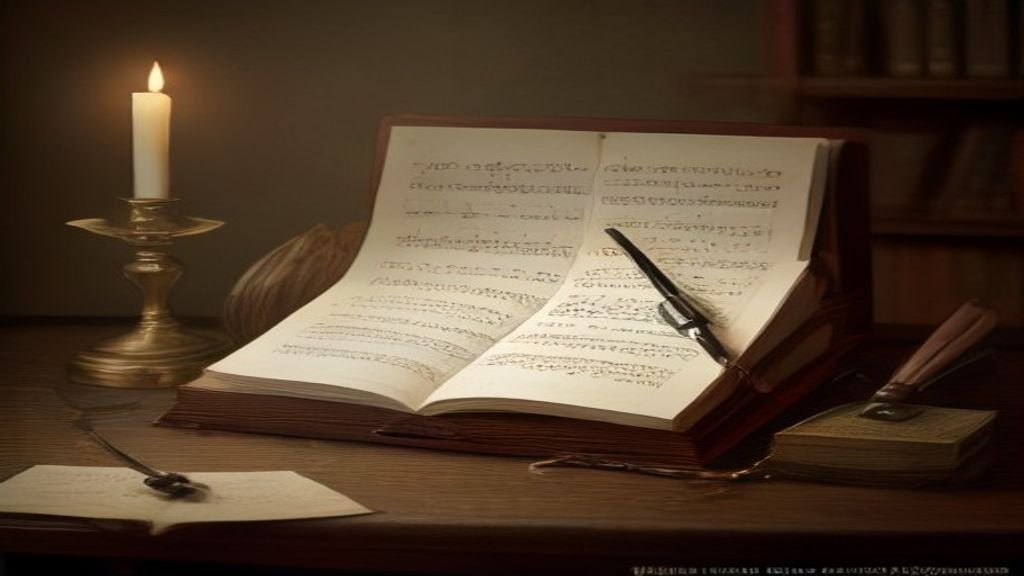 Partitura antiga de uma composição de louvor antigo sob a luz de velas em mesa de madeira.