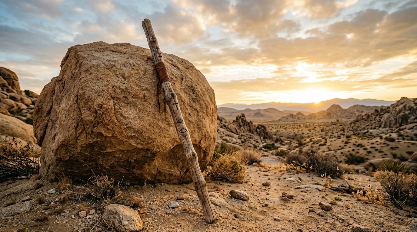 Um cajado de madeira apoiado sobre uma rocha &aacute;rida no deserto de Merib&aacute;.
