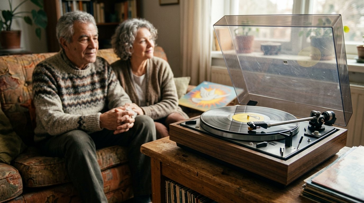 Disco de vinil antigo girando em toca-discos