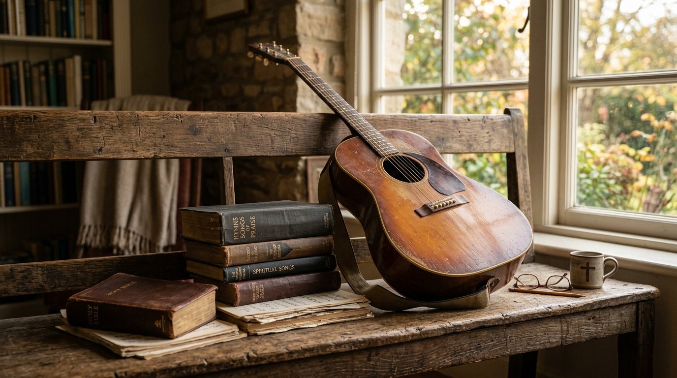 Violão clássico apoiado em partituras antigas, representando a base musical e os hinos tradicionais que o Vencedores por Cristo transformou, impulsionando um avivamento na música evangélica brasileira.