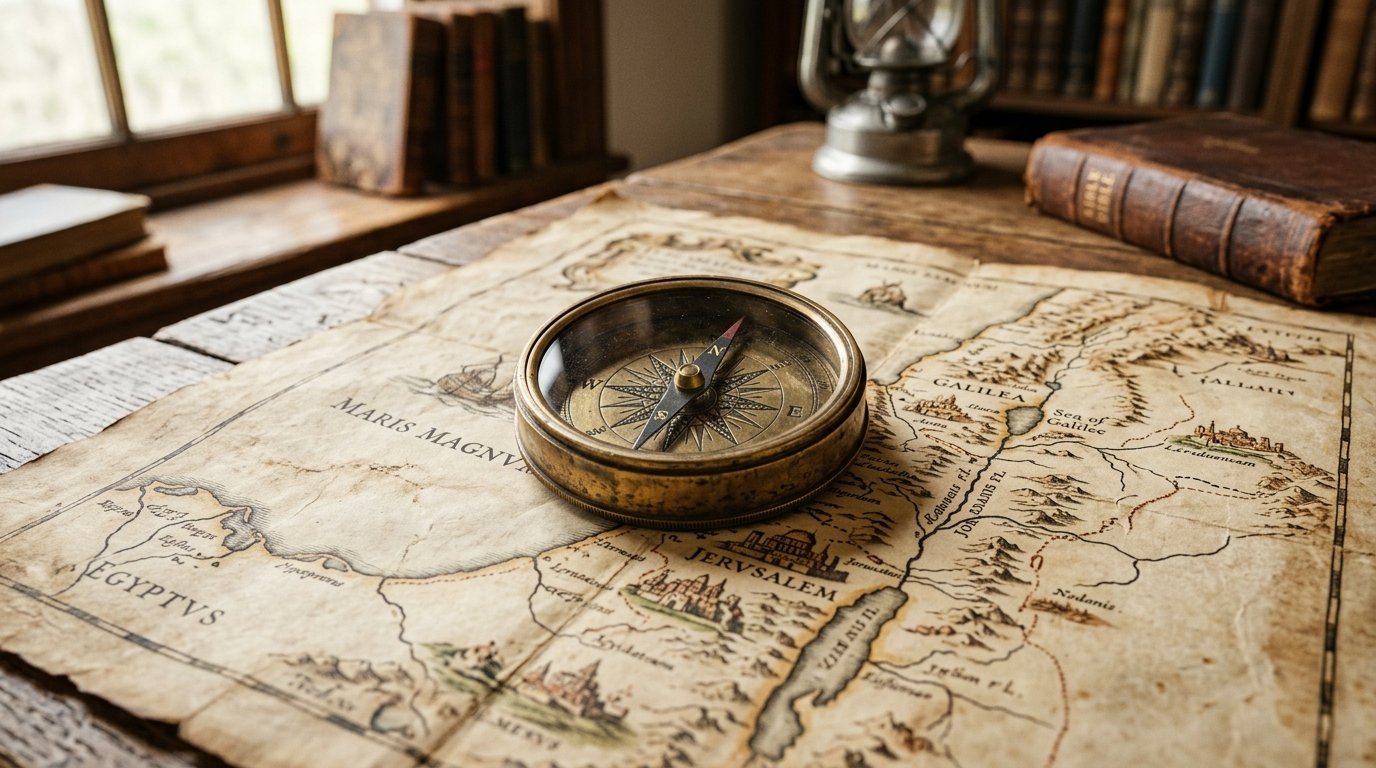 B&uacute;ssola antiga de lat&atilde;o sobre mapa antigo, simbolizando dire&ccedil;&atilde;o e sabedoria.