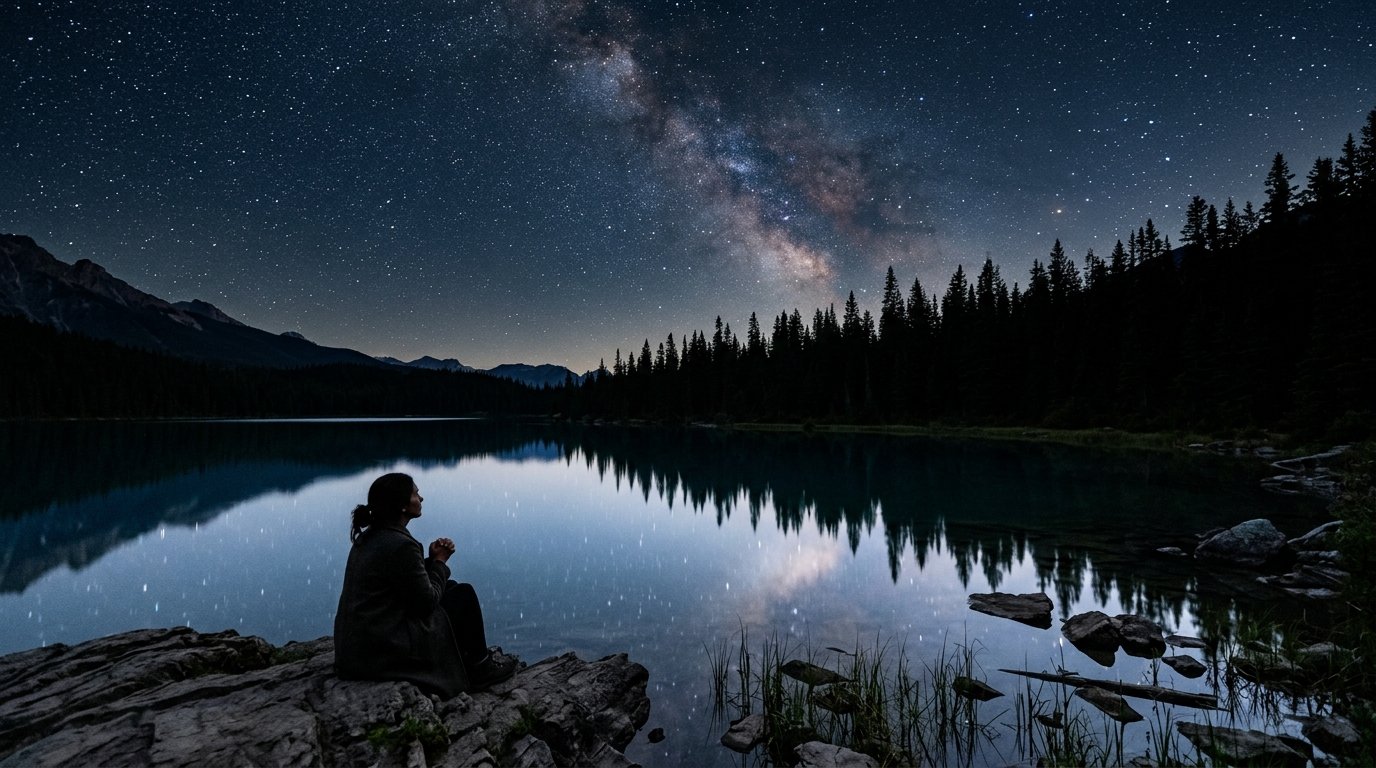 Lago sereno que reflete o c&eacute;u estrelado durante a noite.
