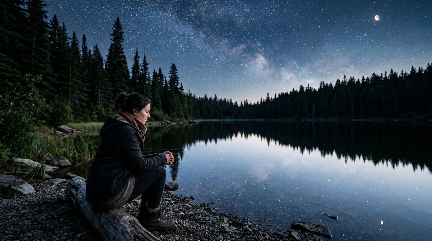 Lago sereno que reflete o c&eacute;u estrelado durante a noite.