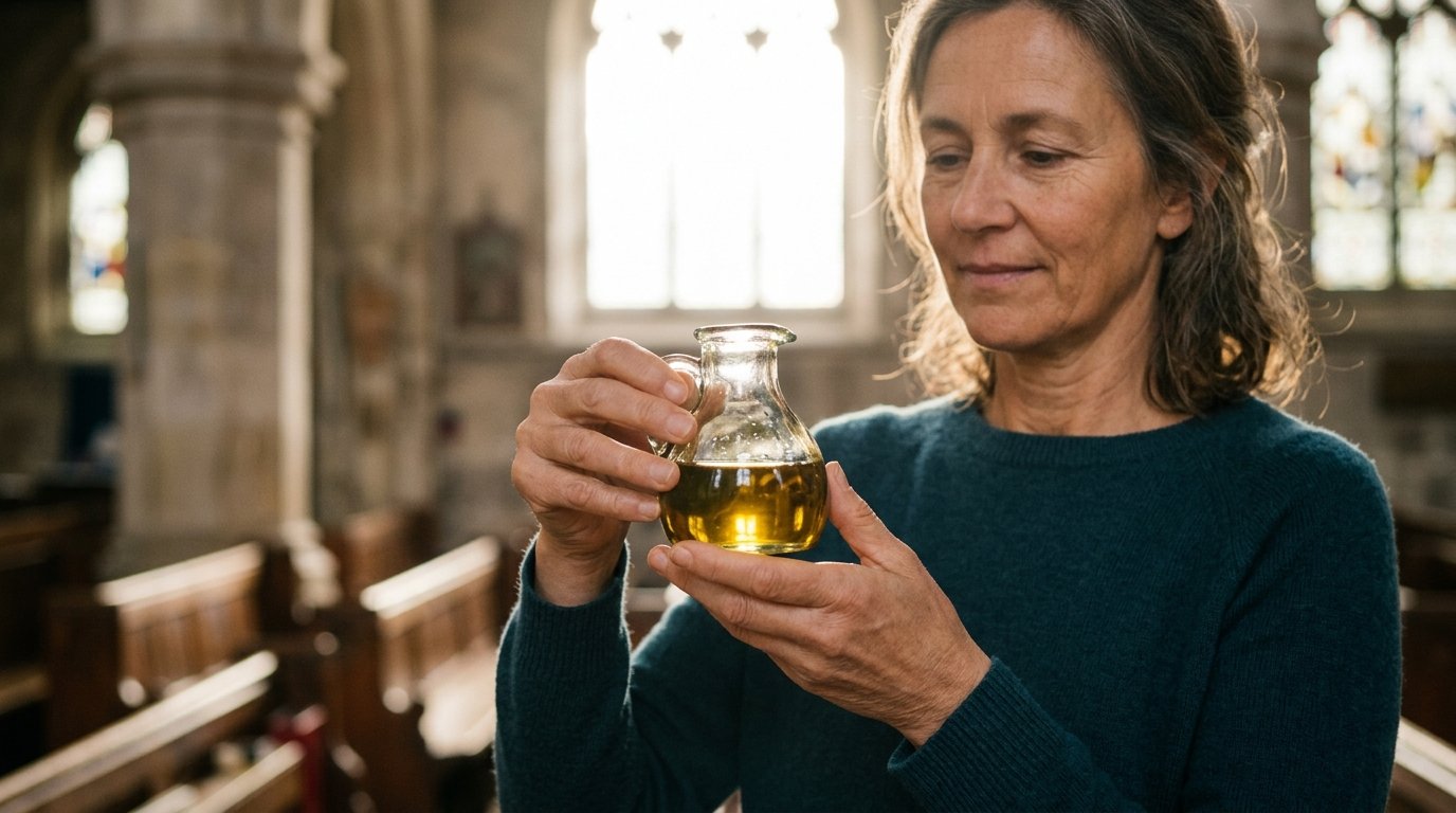 M&atilde;os segurando vaso de vidro com azeite sob luz suave.