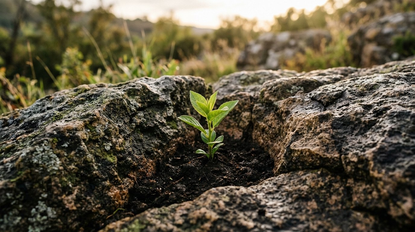Pequena planta crescendo protegida entre rochas sob luz solar suave.