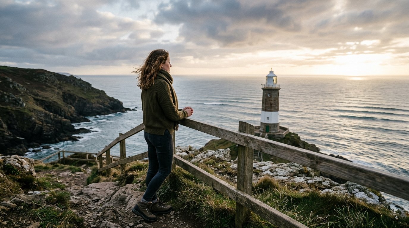 Farol firme contra ondas suaves sob c&eacute;u que come&ccedil;a a clarear.