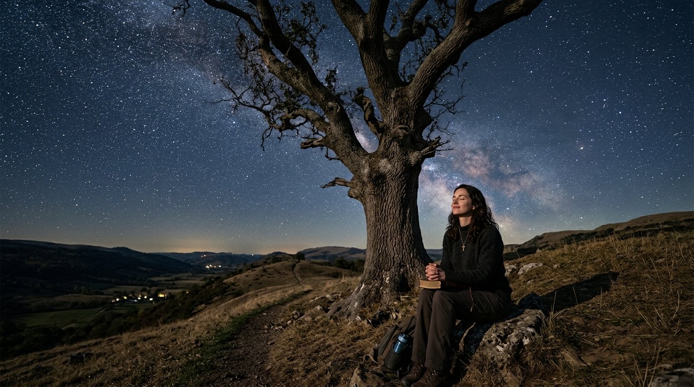 &Aacute;rvore firme em colina sob c&eacute;u estrelado e sereno.