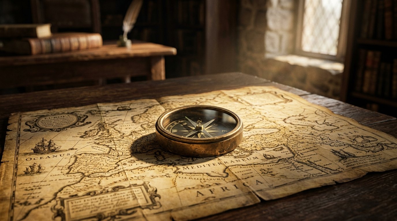 B&uacute;ssola simples apoiada sobre mapa antigo com luz suave.