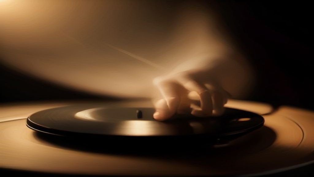 $title$ $focuskw$ Disco de vinil antigo girando em uma vitrola clássica sob iluminação suave.