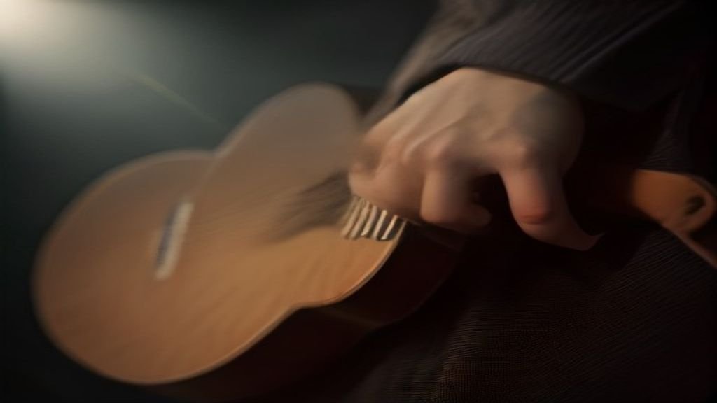 $title$ $focuskw$ Violão acústico apoiado próximo a um pedestal de microfone no palco.