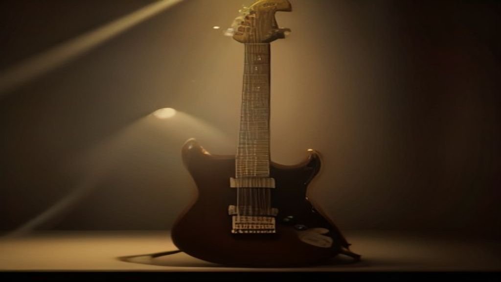 $title$ $focuskw$ Guitarra elétrica apoiada em suporte de estúdio de gravação.
