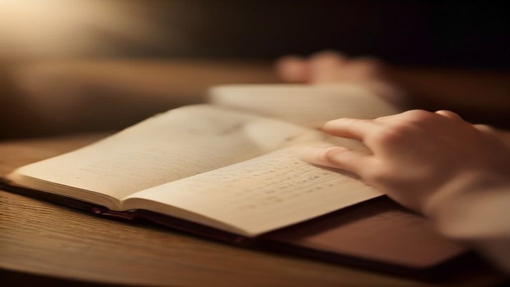 Caderno de partituras aberto sobre mesa de madeira ao lado de viol&atilde;o.