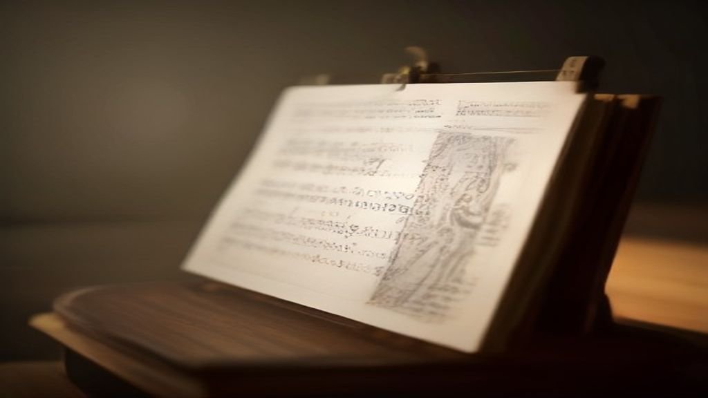 $title$ $focuskw$ Partitura musical em um suporte de madeira iluminada por luz suave de vitral.