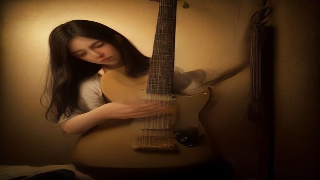 Guitarra el&eacute;trica encostada em um amplificador de est&uacute;dio sob luz dourada.