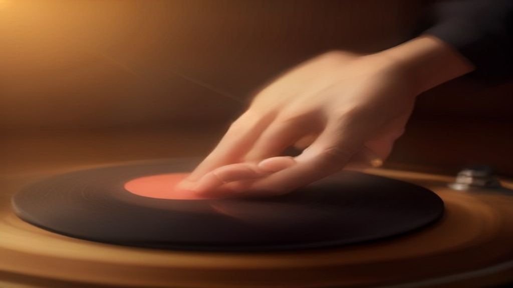 Disco de vinil girando em um toca-discos de madeira cl&aacute;ssico.