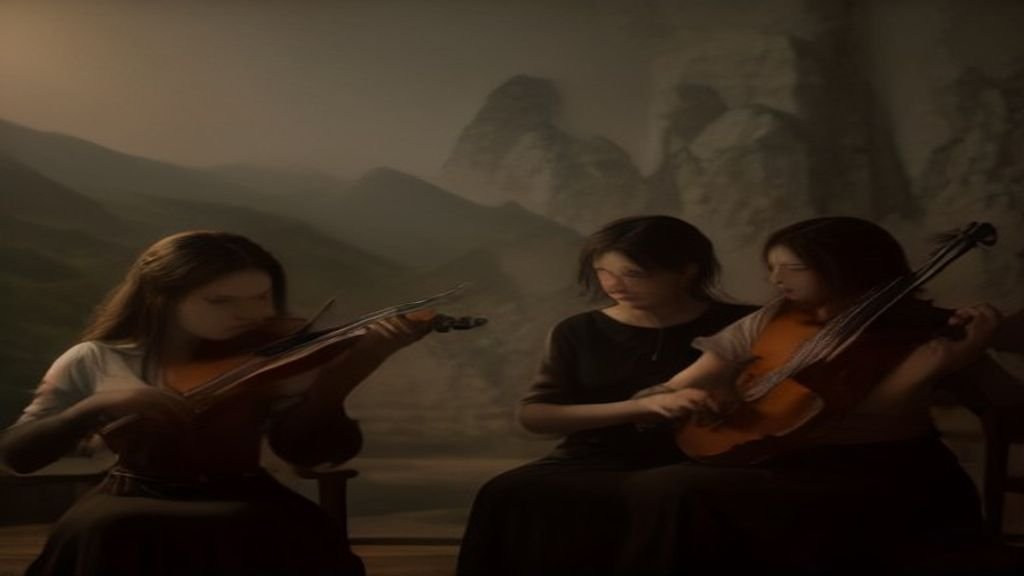 M&uacute;sicos tocando violino, violoncelo e viol&atilde;o em est&uacute;dio de madeira aconchegante.