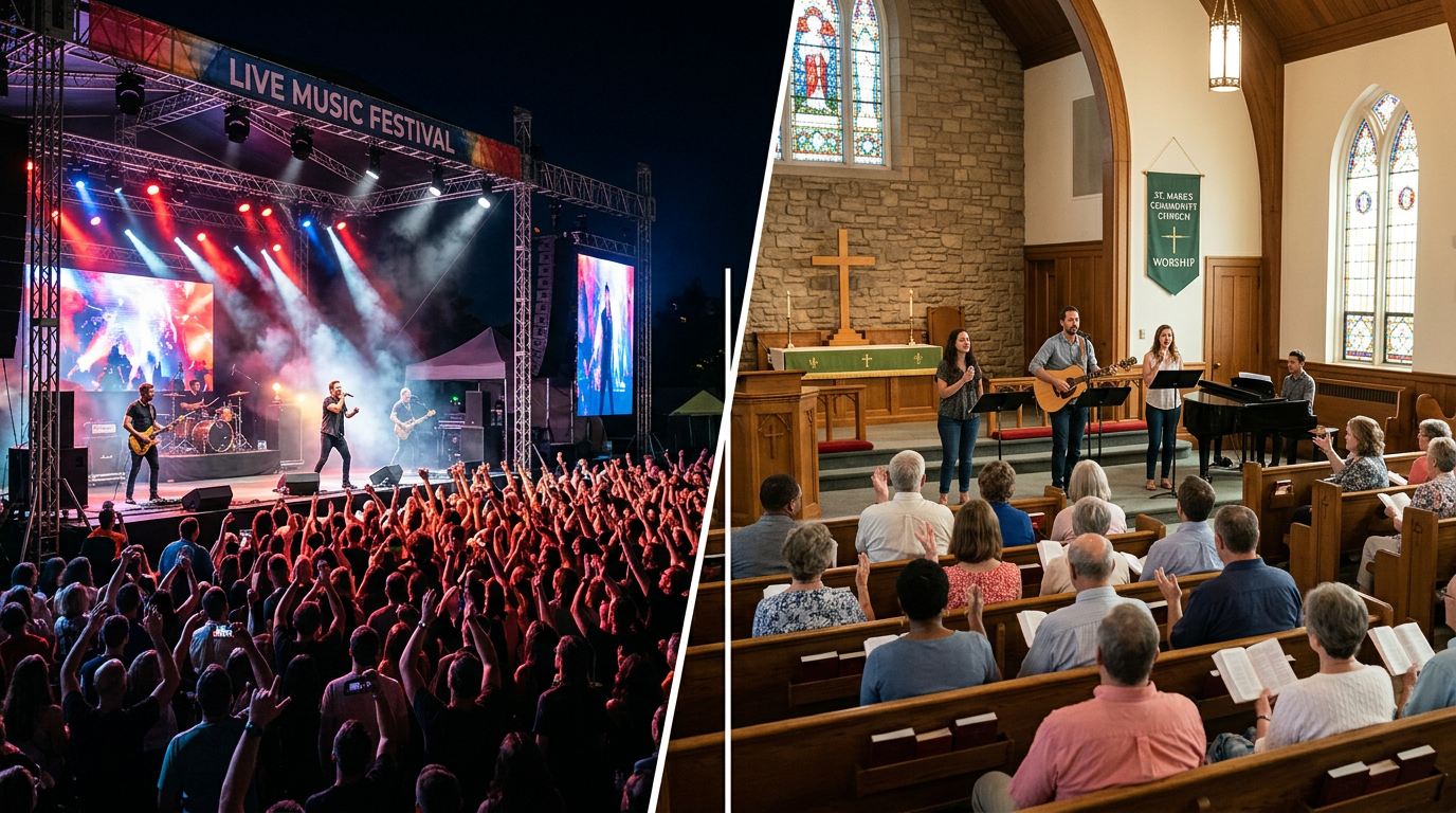 Visual representation of the divide between secular music (concert) and sacred music (worship), illustrating genre distinction for US Christian publications.