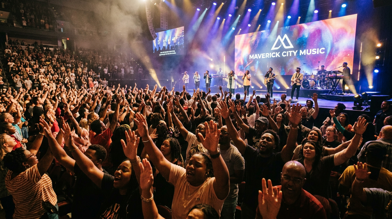 A large, diverse crowd with hands raised in worship at a Maverick City Music concert, reflecting the communal impact of their music.