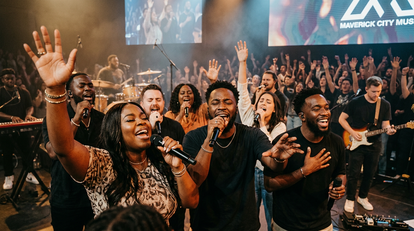 The diverse collective of Maverick City Music passionately leading worship during 'The Revival Tour' concert.