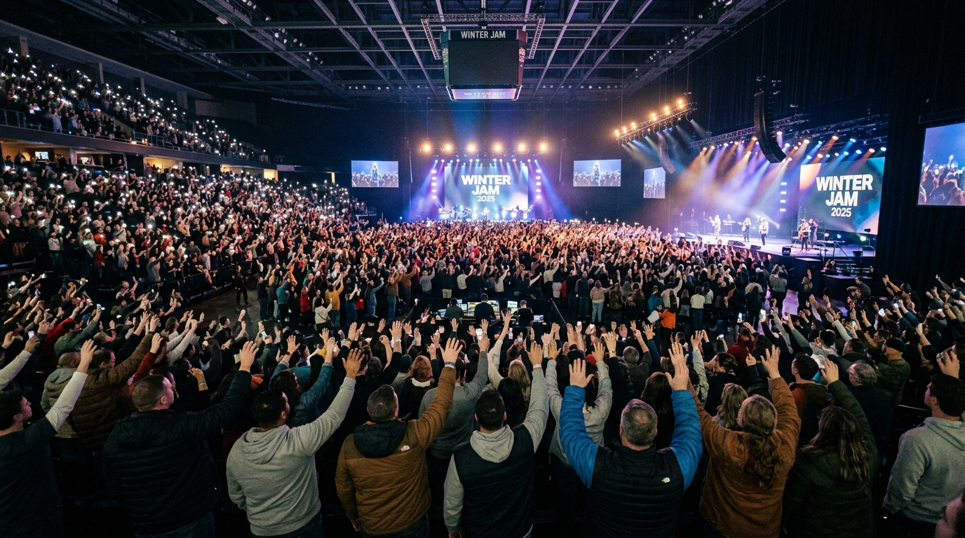 $title$ $focuskw$ Thousands of concert-goers raising hands in worship during a Winter Jam 2025 event, showcasing the communal atmosphere.