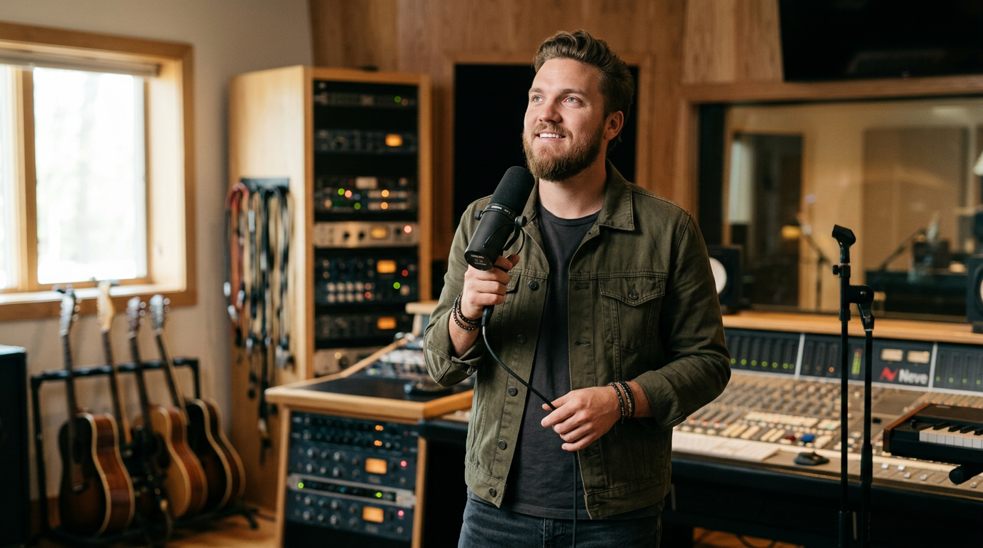 Brandon Lake in a recording studio, deep in thought while working on new music, reflecting his creative process.