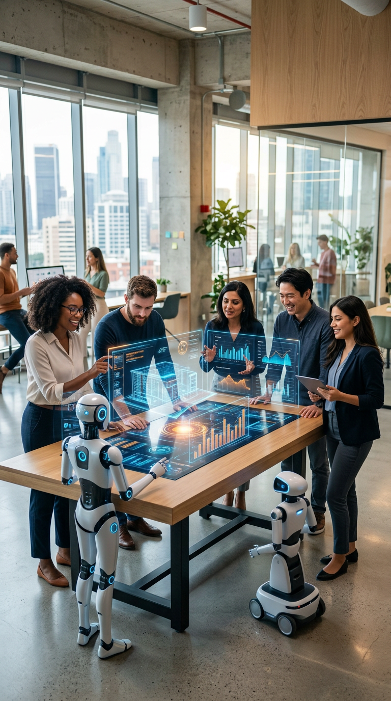 $title$ $focuskw$ Pessoas colaborando com robôs e interfaces holográficas