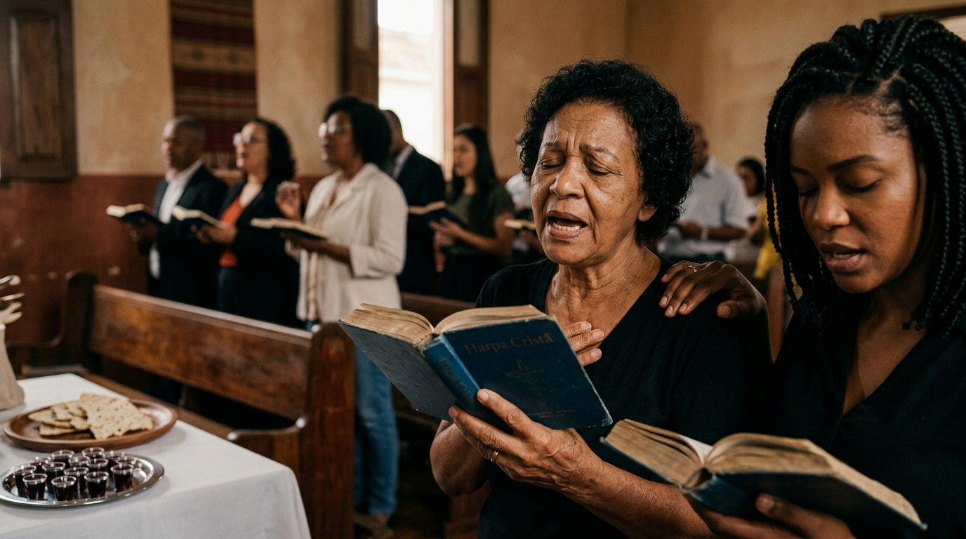 Celebração da Santa Ceia com Hinos Pessoas em adoração durante a Santa Ceia, com foco em um hinário da Harpa Cristã. A cena evoca devoção e a importância dos louvores para a comunhão.