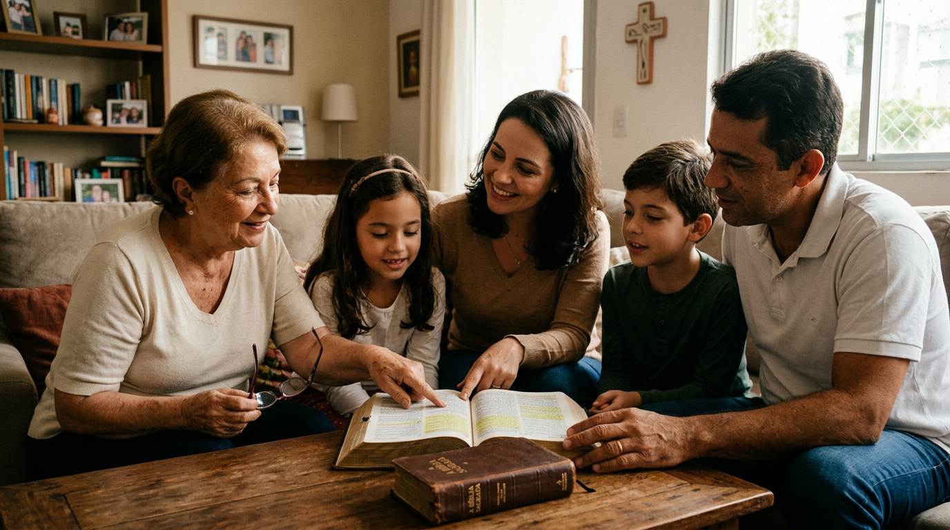Mãos de uma família cristã sobre uma Bíblia aberta, buscando a palavra de avivamento na Bíblia e a sabedoria divina para fortalecer a fé e a oração no lar.