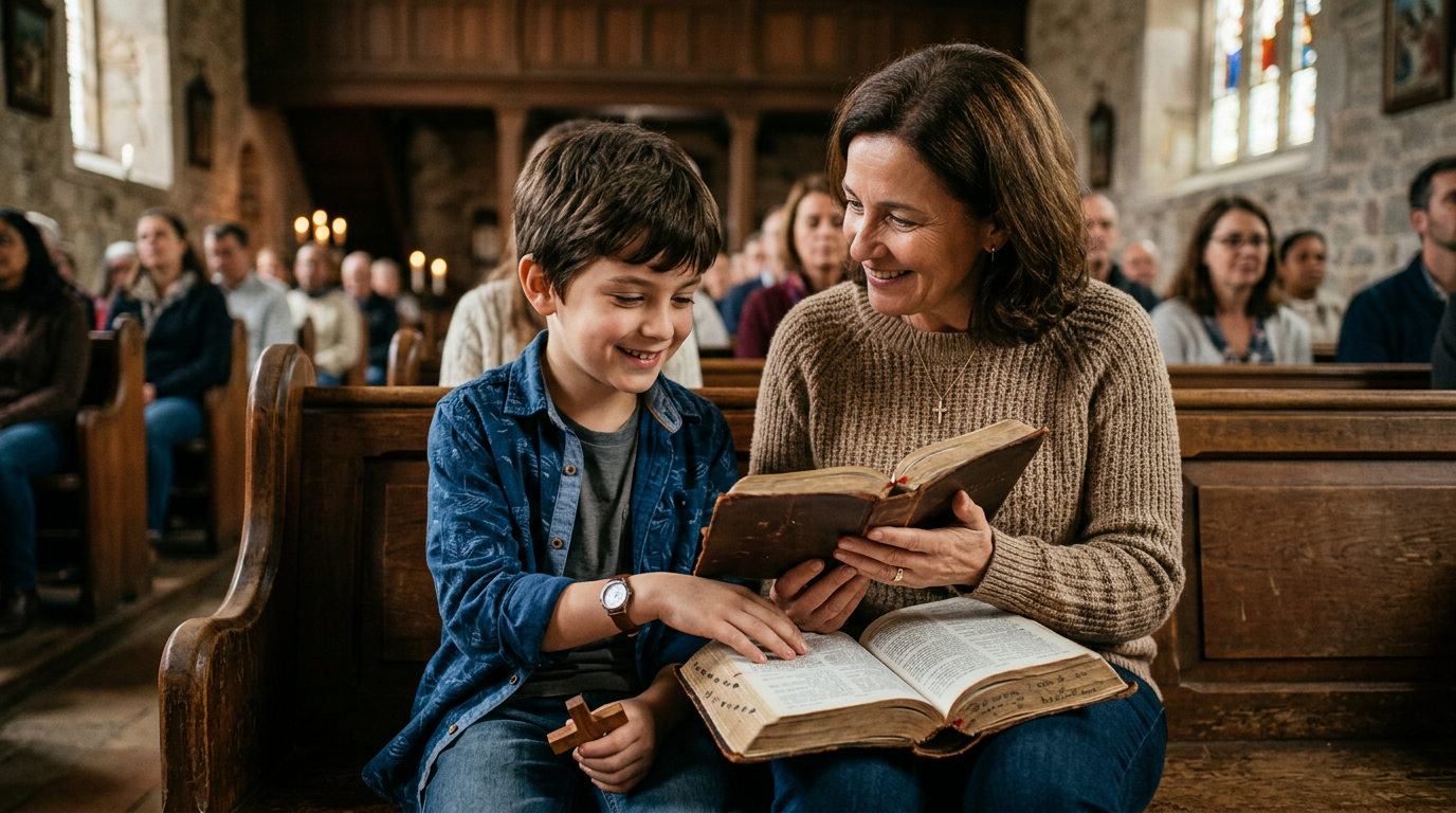 Igreja Inclusiva: Acolhimento para Autistas Criança com autismo participando ativamente de atividades na igreja, com apoio de adultos, ilustrando a importância do acolhimento cristão e da neurodiversidade. A imagem reflete o Evangelho e a inclusão de pessoas com Transtorno do Espectro Autista.