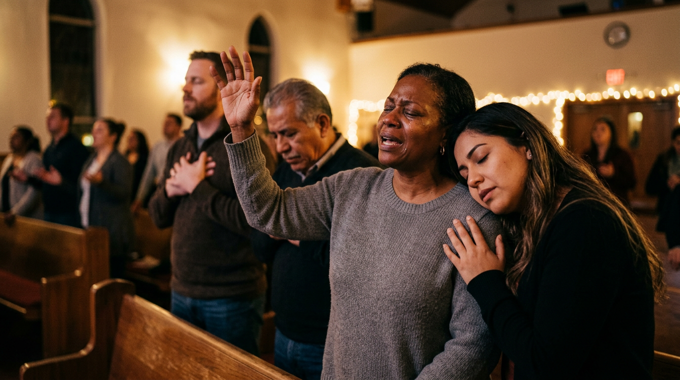 Fogo Espiritual Despertado por Louvor Crentes em um momento de louvor e adoração intensa, sentindo o fogo espiritual e a presença de Deus, buscando o avivamento e a renovação espiritual.
