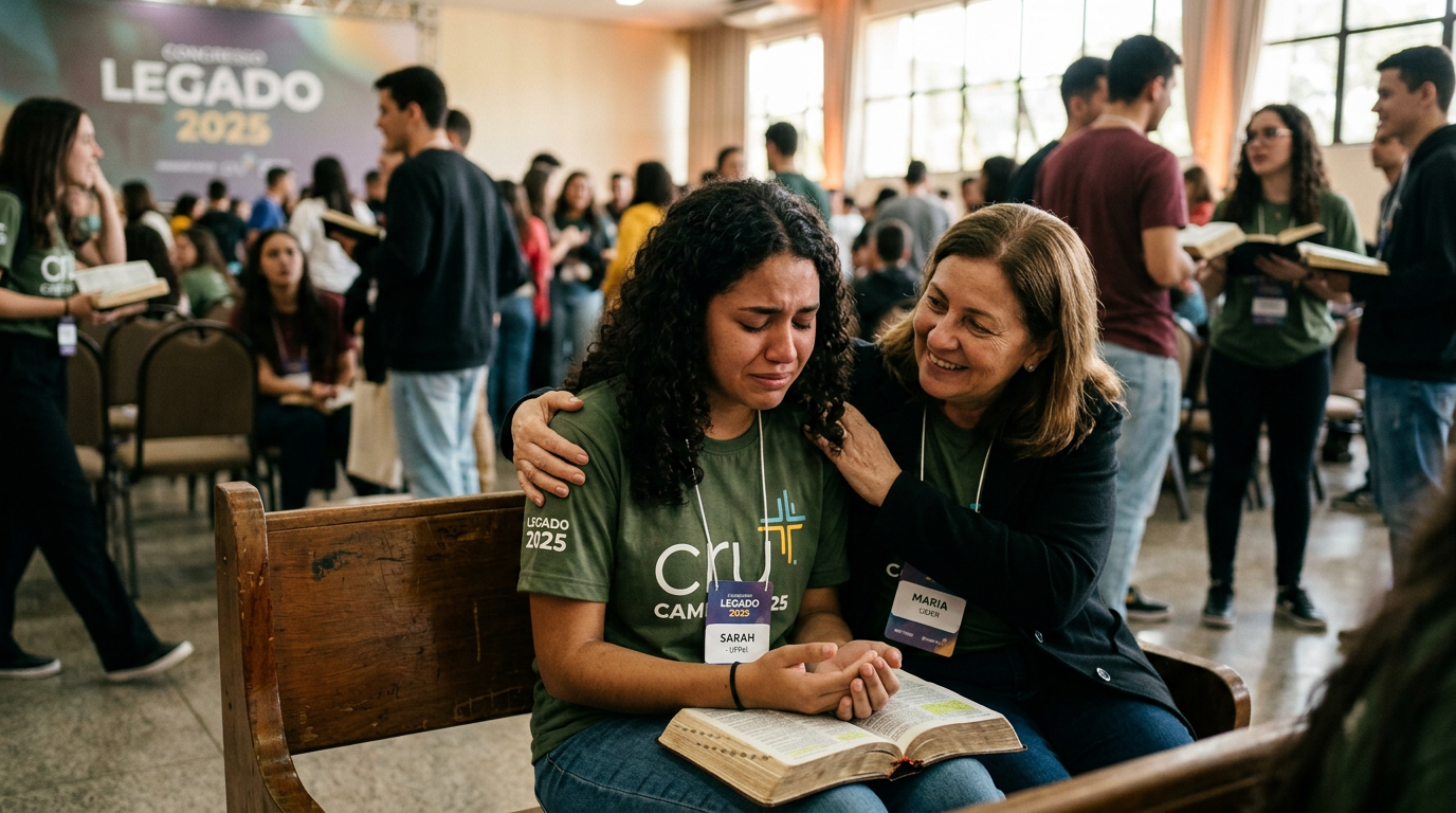 Jovens cristãos reunidos em um congresso, simbolizando a busca por avivamento espiritual e discipulado através do evangelho. Um momento de renovação e legado cristão.