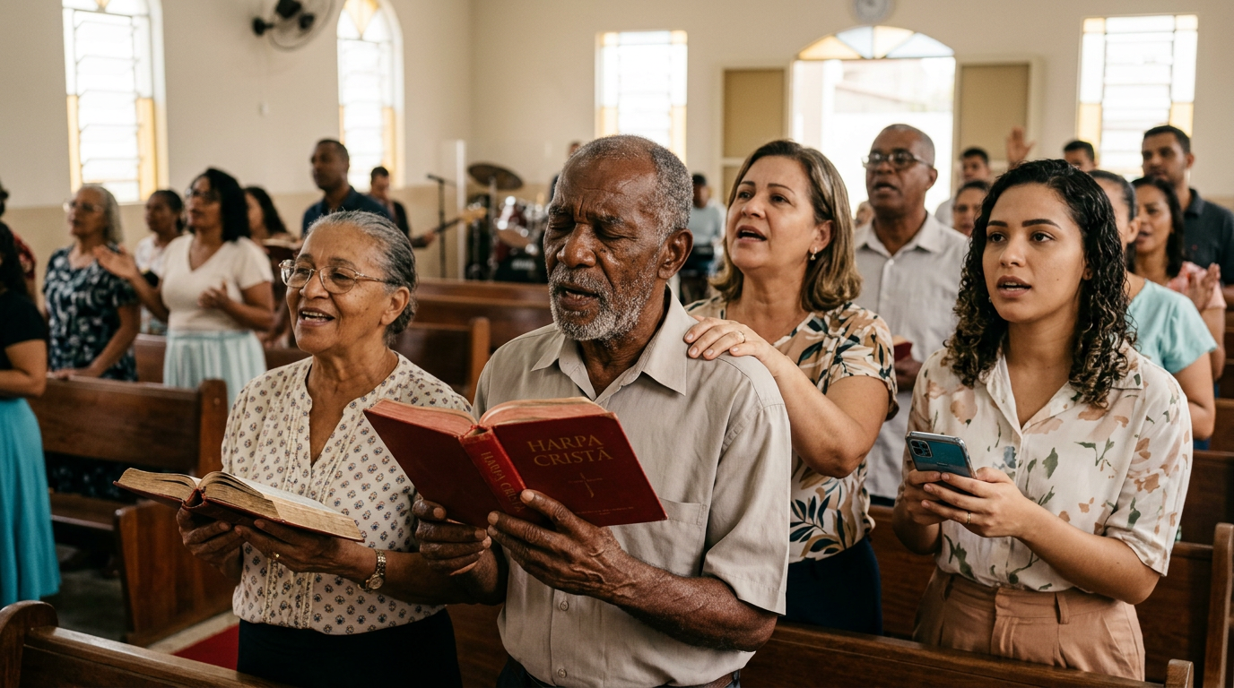 Fiéis em um culto de adoração entoando hinos da Harpa Cristã, simbolizando a inspiração e edificação que marcam gerações de fé e louvor.