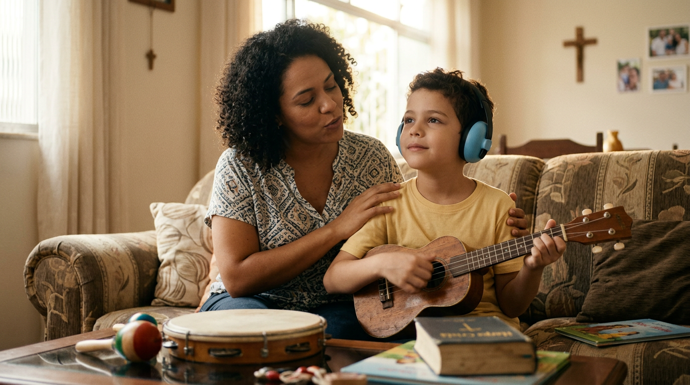 Criança com autismo se conecta através da música gospel, usando o louvor como ponte para comunicação e conexão familiar.