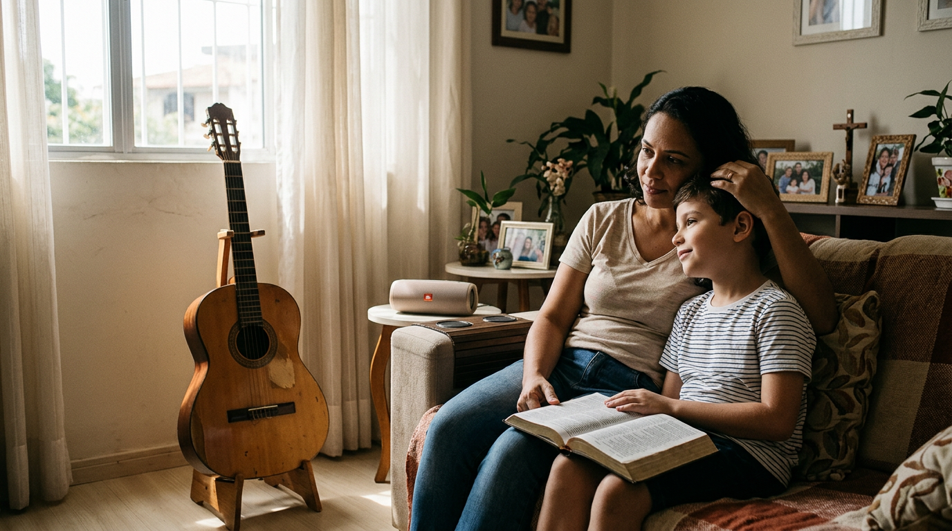 Família cristã com criança autista encontra consolo e cura através da adoração e música gospel, vivenciando renovação espiritual e avivamento.