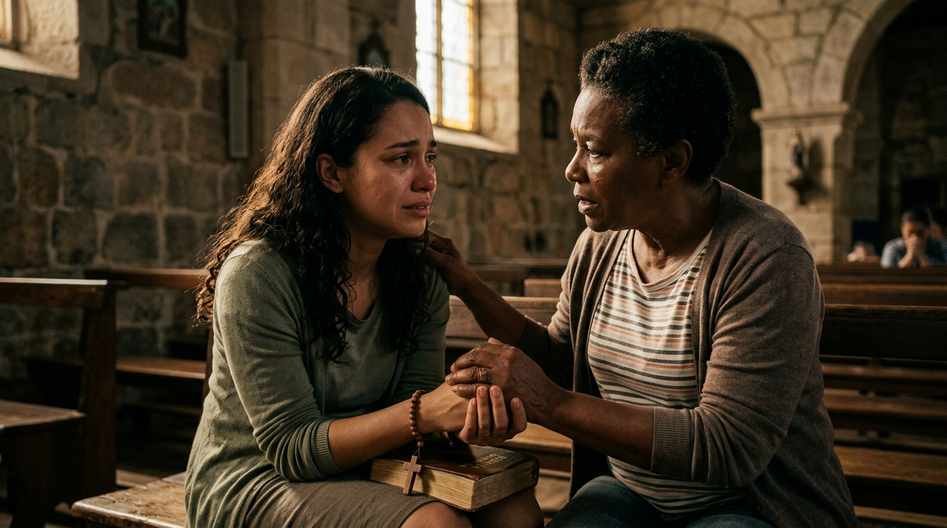 Mulher em postura de oração, buscando paz interior e alívio da ansiedade, encontrando conforto e avivamento na bíblia através da fé cristã, como em um salmo para ansiedade.