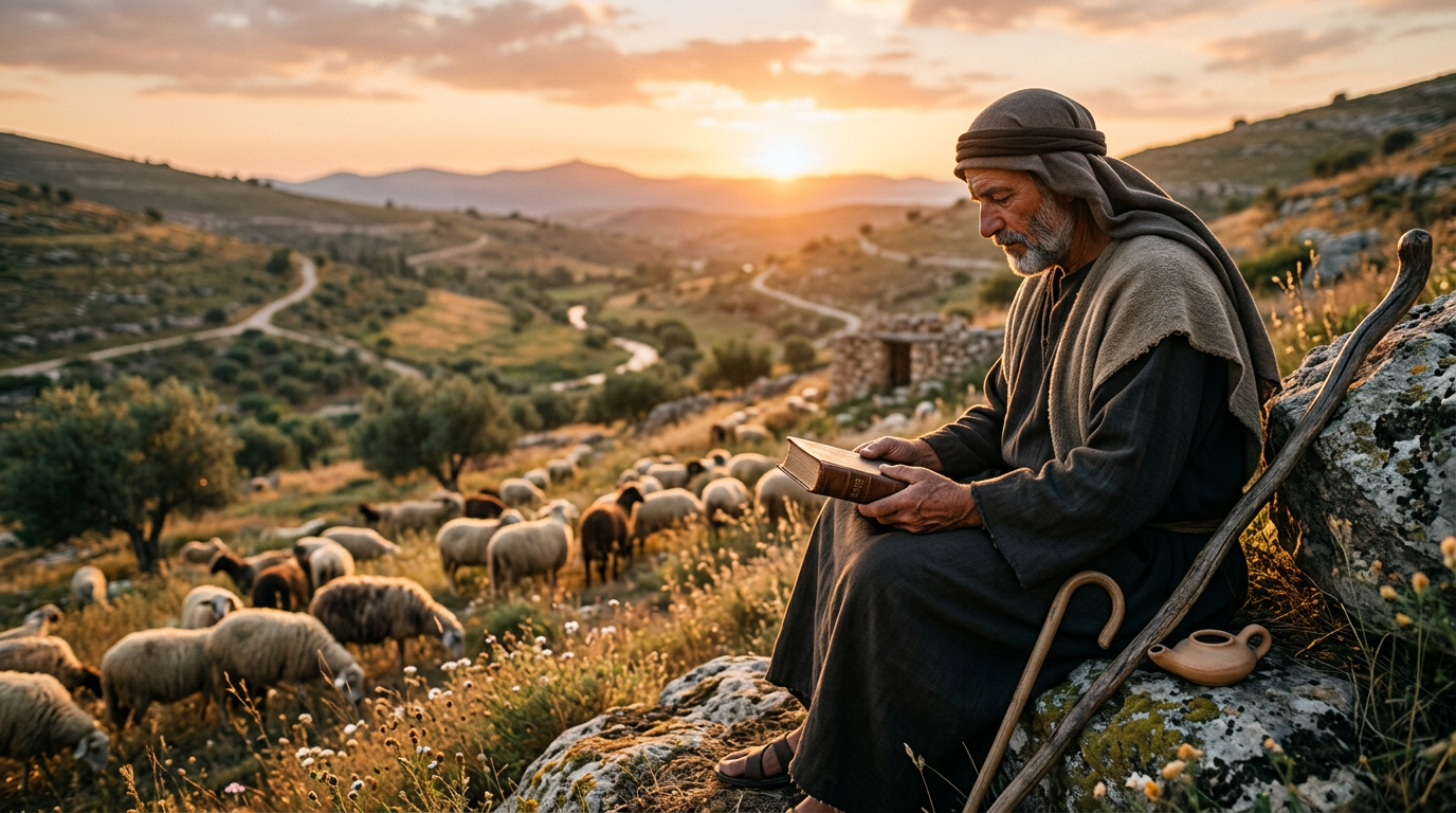 Cena pastoral que representa a metáfora do Salmo 23:1, com um pastor guiando suas ovelhas em um campo, simbolizando a proteção e o cuidado de Deus.