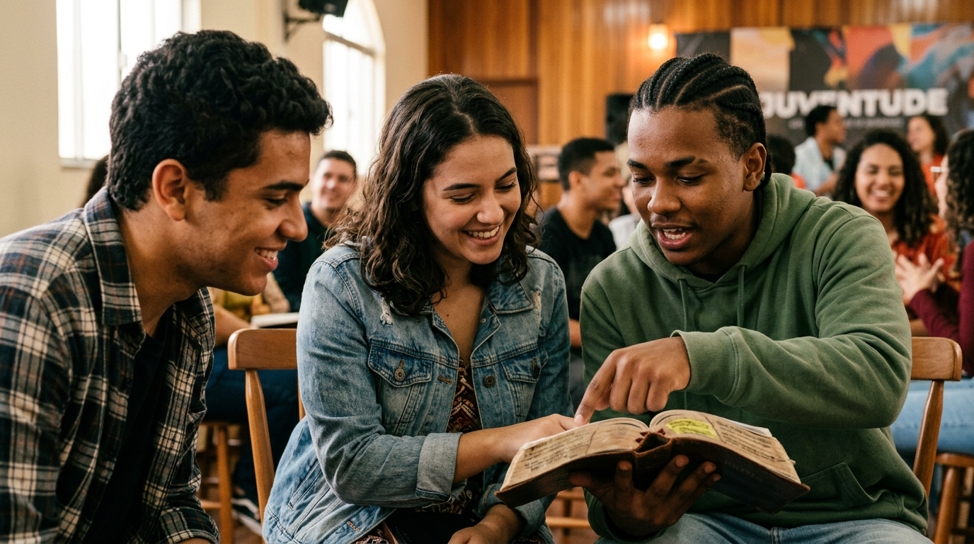 Jovens engajados em um estudo bíblico, com a Bíblia em mãos, explorando versículos sobre avivamento espiritual e propósito de vida. Uma palavra para culto de jovens.