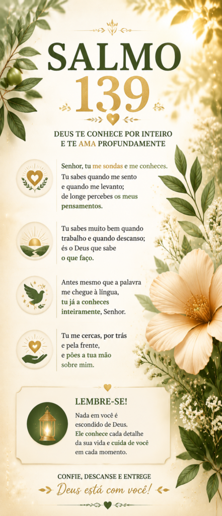 Salmo 139 completo em imagem com mensagem de fé, Deus conhece cada detalhe da vida e cuida de você