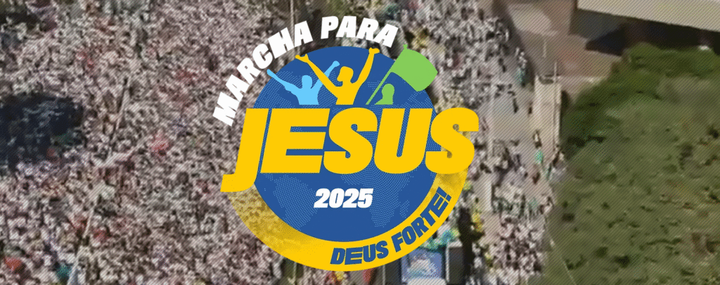 Banner promocional da Marcha para Jesus Brasília 2025, com detalhes do evento na Esplanada dos Ministérios, Distrito Federal.
