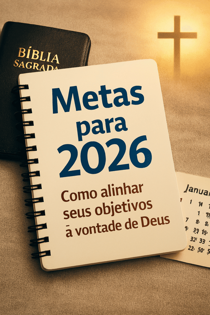 Ilustração de metas e objetivos para 2026, simbolizando o alinhamento com a vontade de Deus. A imagem representa a importância da oração e reflexão no planejamento espiritual, um tema essencial para o 'versículo de ano novo 2026'.