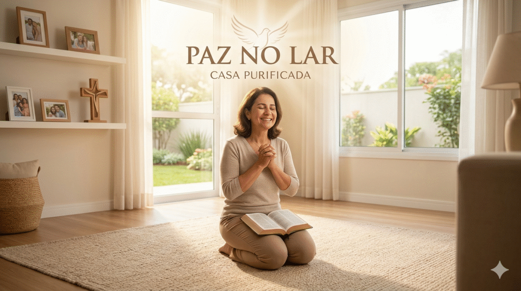Mulher em oração profunda, buscando paz e renovação espiritual em seu lar, conforme ensinamentos bíblicos sobre avivamento.